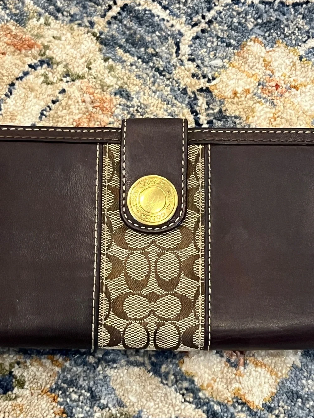 Coach Brown Leather and Signature Canvas Wallet with Gold-Tone Snap